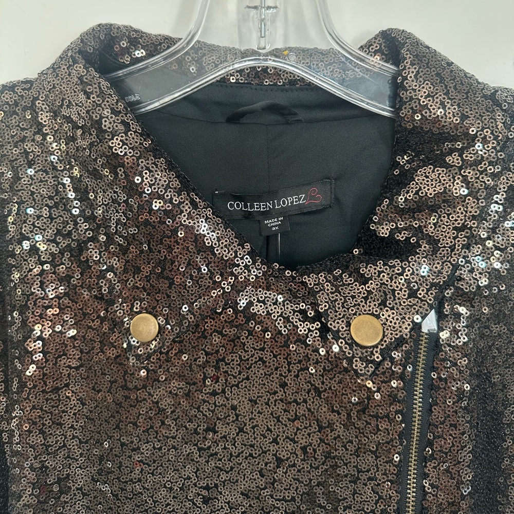 NWT Colleen Lopez Espresso Sequin Moto Jacket Sparkly Biker Blazer Size 3X - Picture 2 of 5